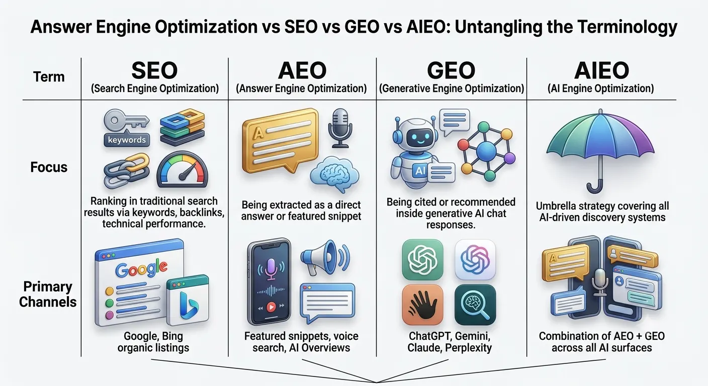 Answer Engine Optimization vs SEO vs GEO comparison chart